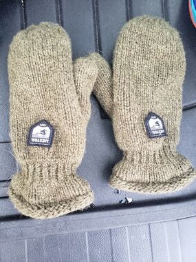 Hestra Olive Wool Knit Mittens with Logo Patch